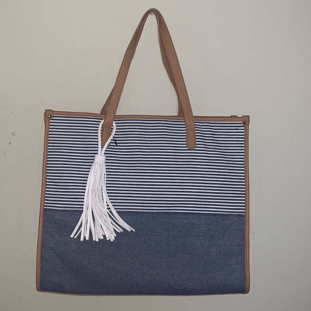 Tan/Blue/White Tote Bag